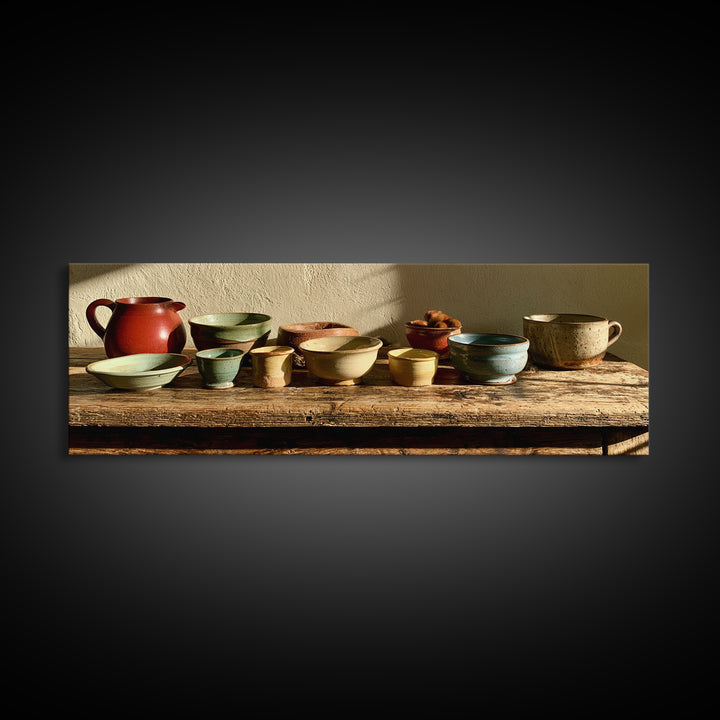 Sunlit Farmhouse Table Objects Without Room View Framed Canvas Print, Dining Room Art, Kitchen Art, Dining Room Decor, Dining, DRA-3x1-81