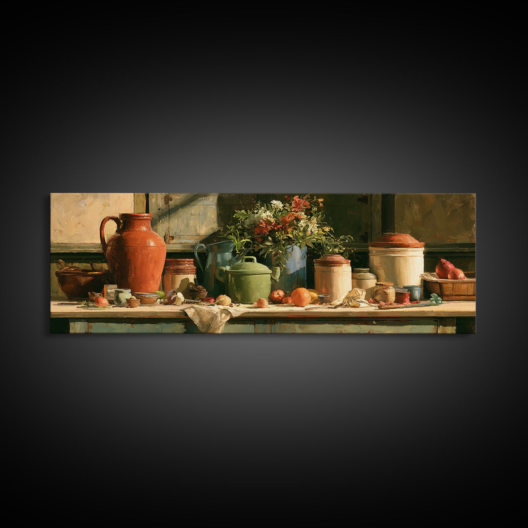 Sunlit Farmhouse Table Objects Without Room View Framed Canvas Print, Dining Room Art, Print, Dining Room Decor, Dining, DRA-3x1-9
