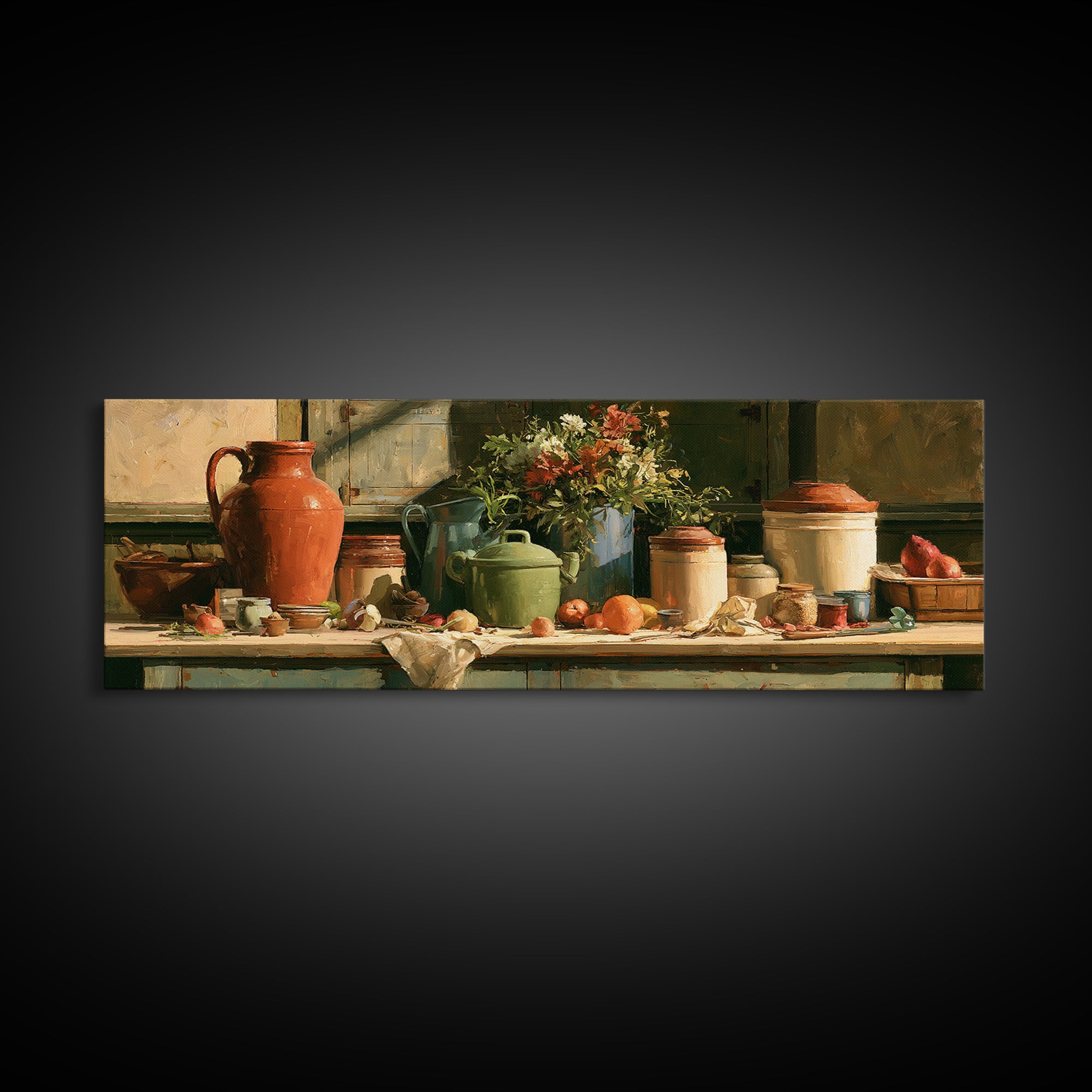 Sunlit Farmhouse Table Objects Without Room View Framed Canvas Print, Dining Room Art, Print, Dining Room Decor, Dining, DRA-3x1-9
