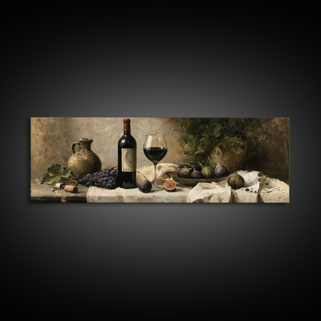 Wine Bottle and Figs on a Linen Canvas Print, Dining Room Art, Dining Room Wall Art, Dining Room Decor, Abstract Art, Dining, DRA-3x1-91