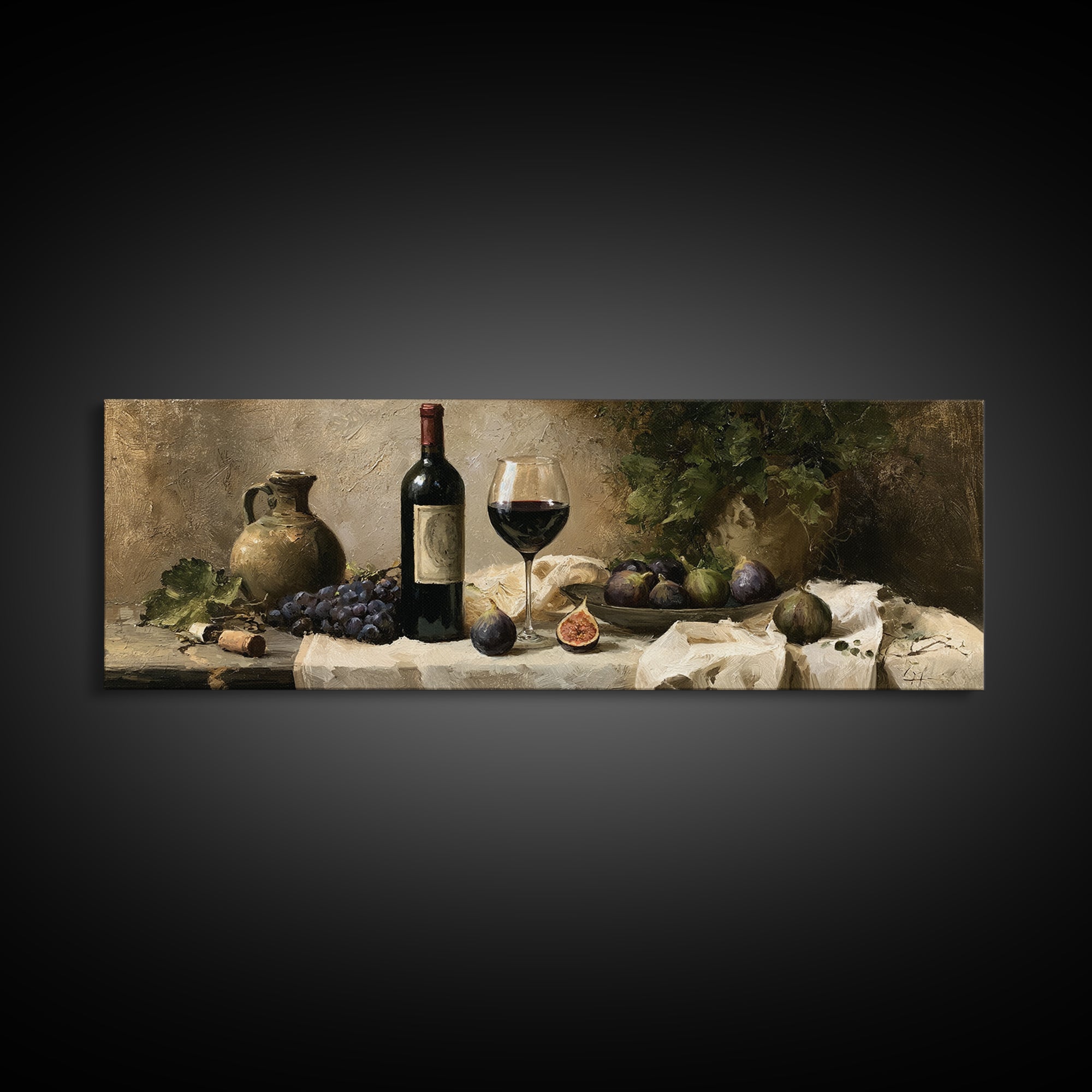 Wine Bottle and Figs on a Linen Canvas Print, Dining Room Art, Dining Room Wall Art, Dining Room Decor, Abstract Art, Dining, DRA-3x1-91