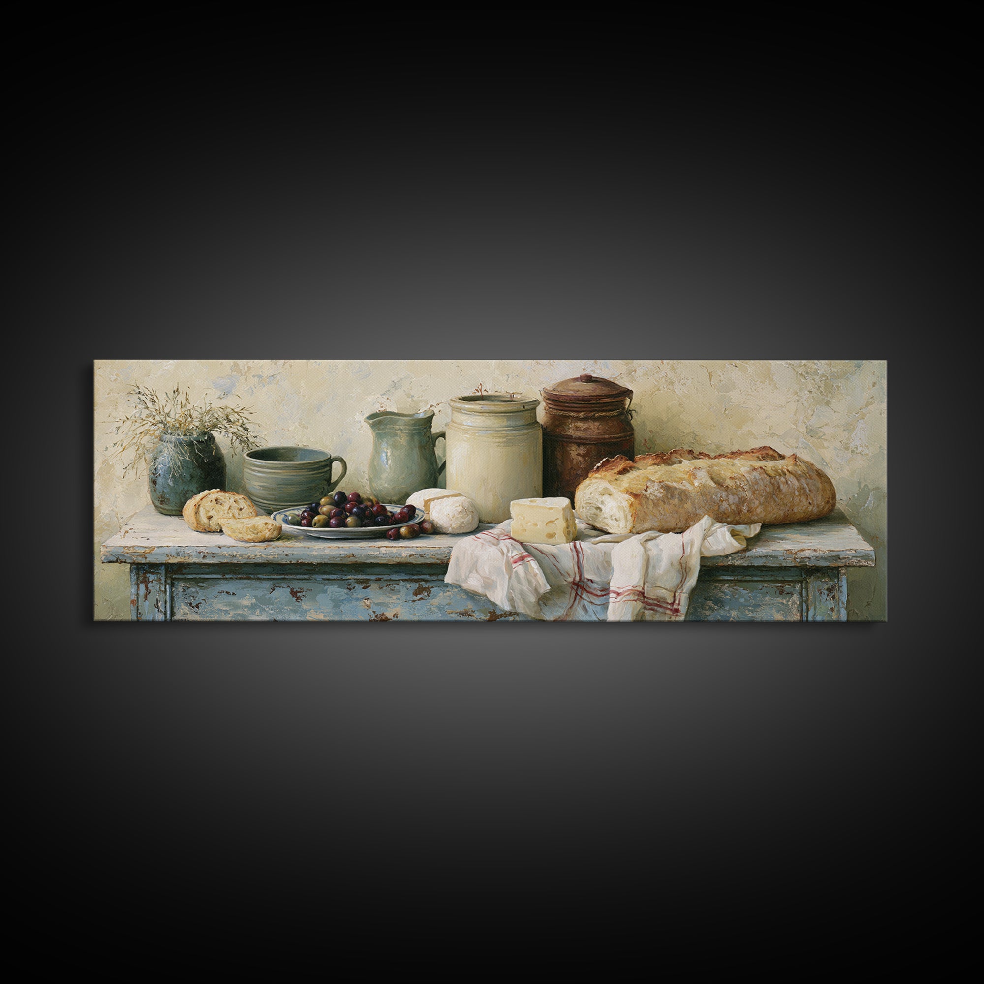 Rustic Bread Olives and Cheese Still Life Canvas Print, Dining Room Art, Dining Room Decor, Watercolor Art, Dining, DRA-3x1-94