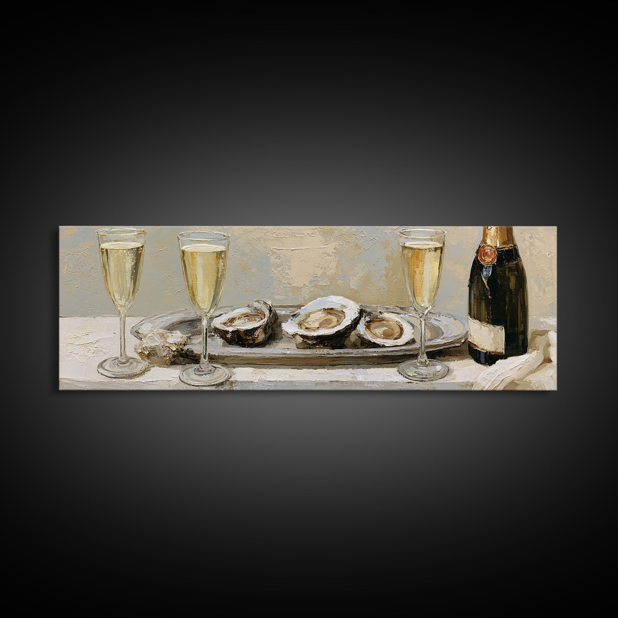 Elegant Oyster and Champagne Still Life Canvas Print, Dining Room Art, Gallery Decor, Dining Room Decor, Oil Painting, Dining, DRA-3x1-95