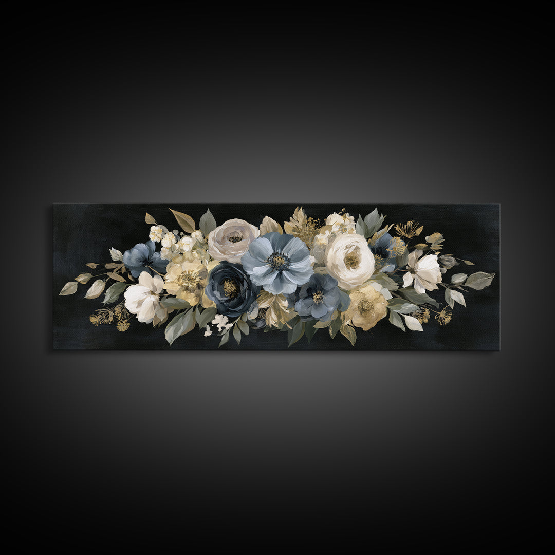 Moody Dark Background Bouquet for Formal Dining Framed Canvas Print, Dining Room Art, Wall Decor, Dining Room Decor, Dining, DRA-3x1-99