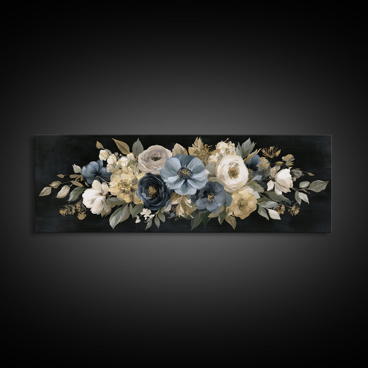 Moody Dark Background Bouquet for Formal Dining Framed Canvas Print, Dining Room Art, Wall Decor, Dining Room Decor, Dining, DRA-3x1-99