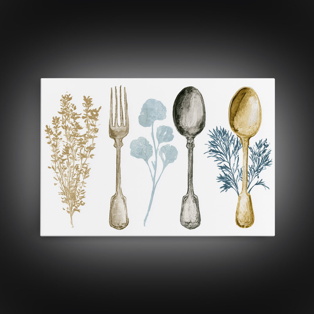 Minimal Fork Spoon and Herb Composition Framed Canvas Print, Dining Room Art, Minimalist Decor, Dining Room Decor, Dining, DRA-3x2-2
