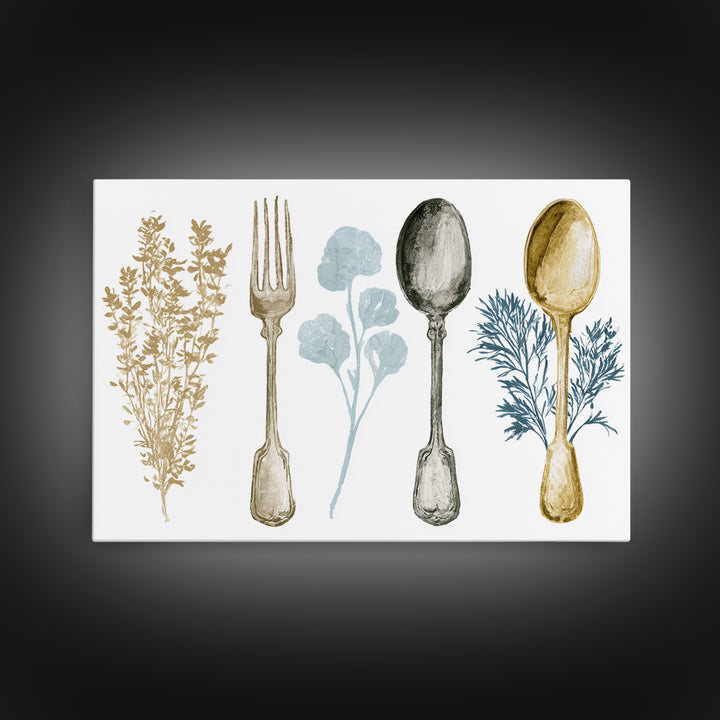 Minimal Fork Spoon and Herb Composition Framed Canvas Print, Dining Room Art, Minimalist Decor, Dining Room Decor, Dining, DRA-3x2-2