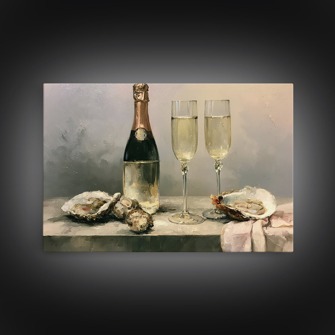 Elegant Oyster and Champagne Still Life Framed Canvas Print, Dining Room Art, Living Room Decor, Dining Room Decor, Dining, DRA-3x2-35