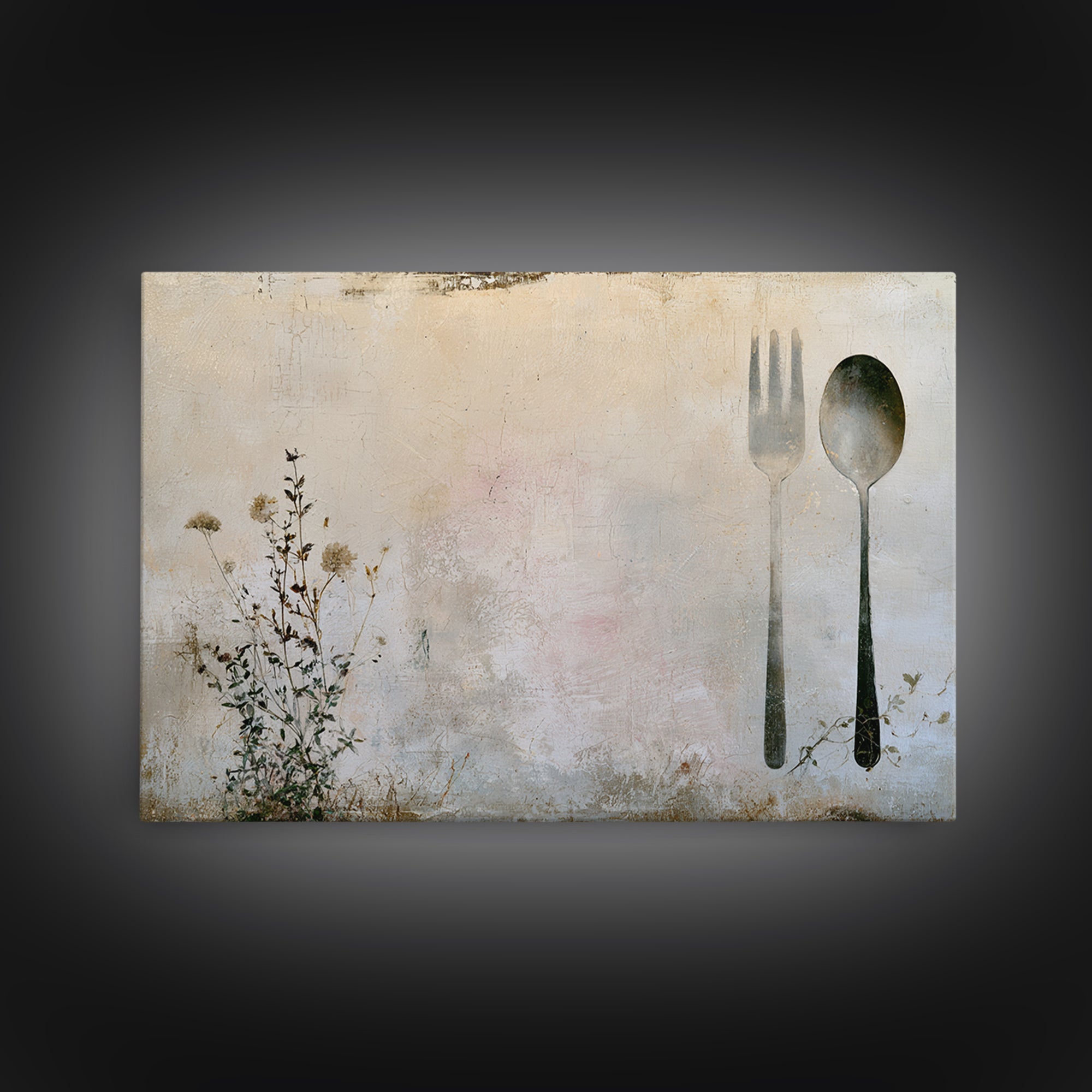 Minimal Fork Spoon and Herb Composition Framed Canvas Print, Dining Room Art, Kitchen Decor, Dining Room Decor, Oil Painting, DRA-3x2-50