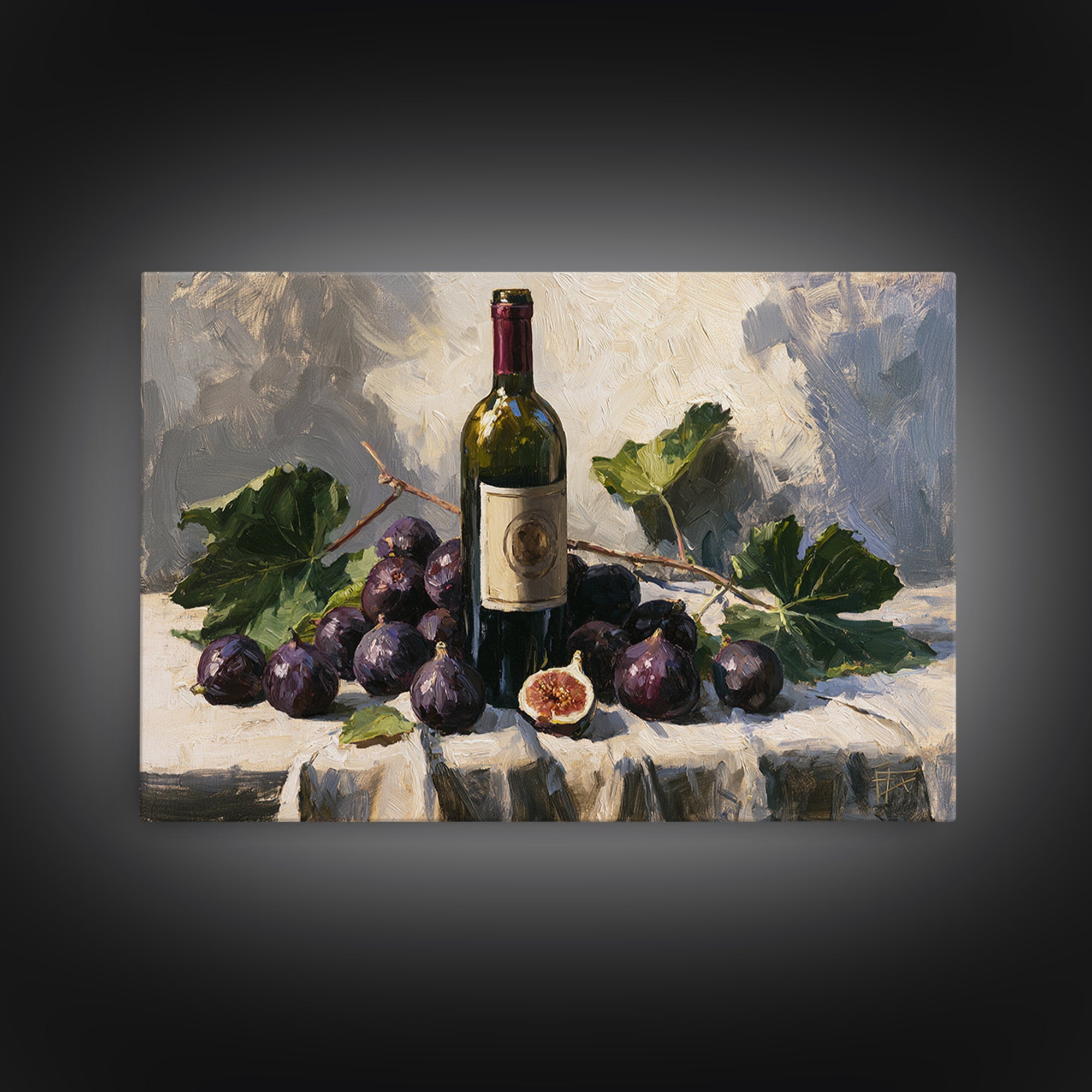 Wine Bottle and Figs on a Linen Framed Canvas Print, Dining Room Art, Boho Decor, Dining Room Decor, Abstract Art, Dining, DRA-3x2-55