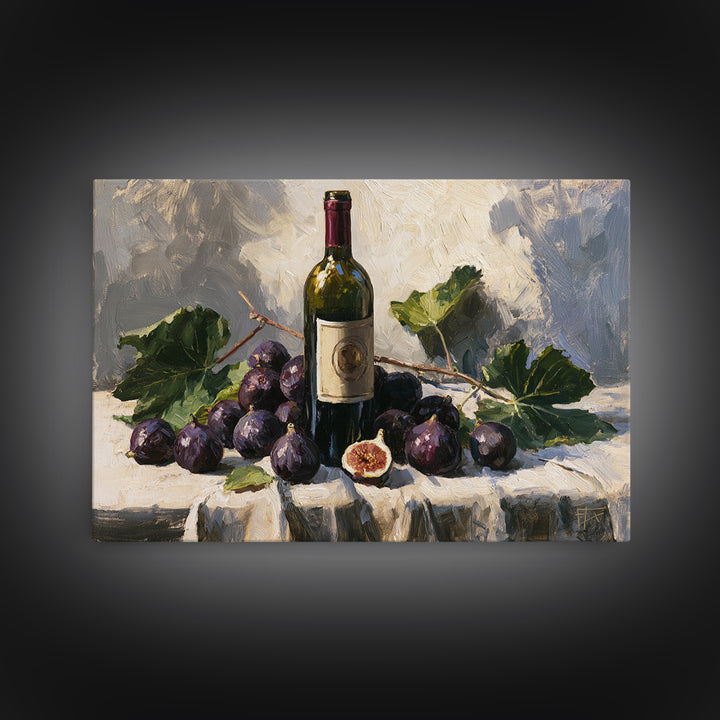 Wine Bottle and Figs on a Linen Framed Canvas Print, Dining Room Art, Boho Decor, Dining Room Decor, Abstract Art, Dining, DRA-3x2-55