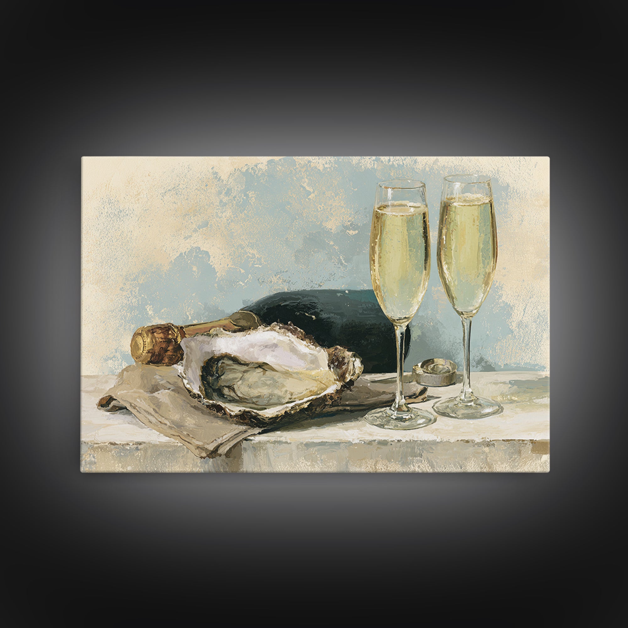 Elegant Oyster and Champagne Still Life Framed Canvas Print, Dining Room Art, Kitchen Prints, Dining Room Decor, Oil Painting, DRA-3x2-59
