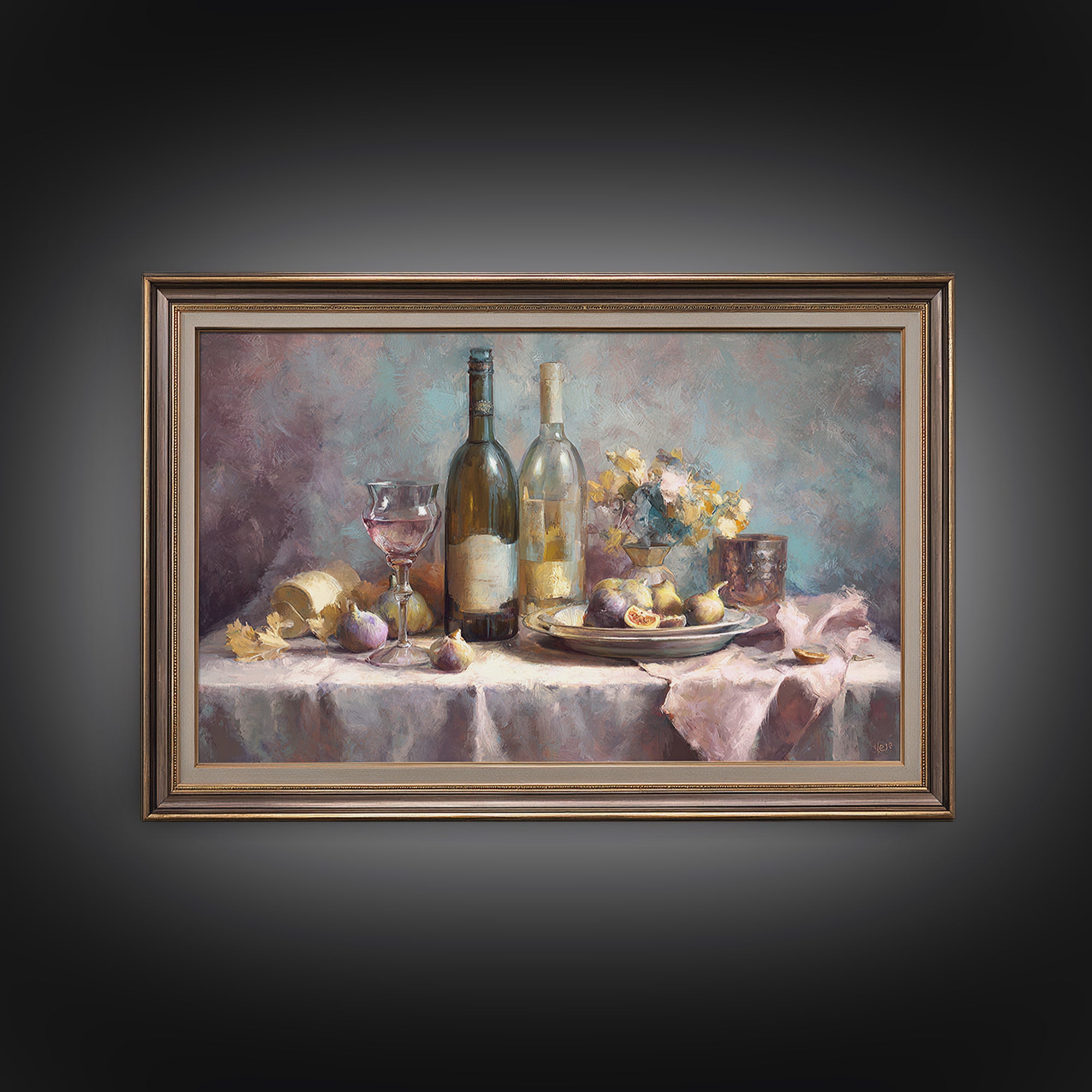 Wine Bottle and Figs on a Linen Framed Canvas Print, Dining Room Art, Statement Artwork, Dining Room Decor, Fine Art, Dining, DRA-3x2-7