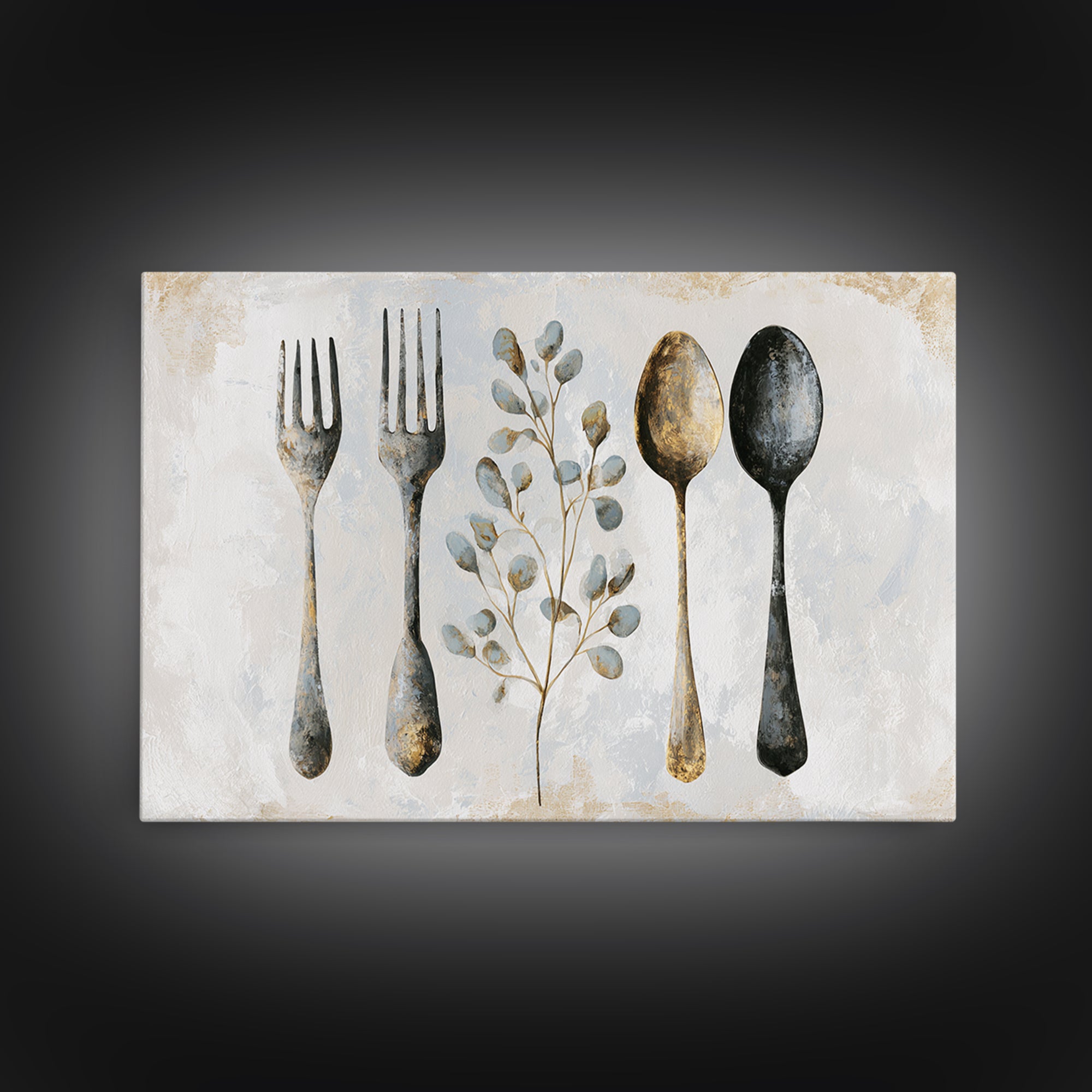Minimal Fork Spoon and Herb Composition Framed Canvas Print, Dining Room Art, Kitchen Decor, Dining Room Decor, Oil Painting, DRA-3x2-74