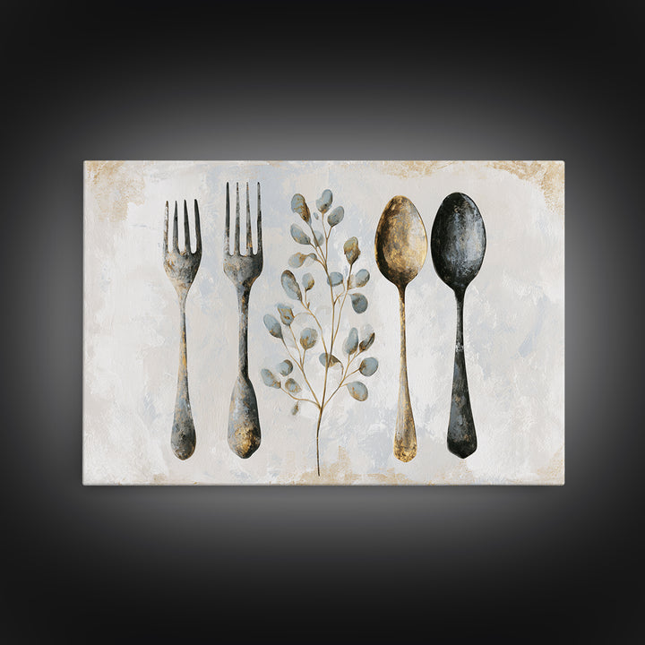 Minimal Fork Spoon and Herb Composition Framed Canvas Print, Dining Room Art, Kitchen Decor, Dining Room Decor, Oil Painting, DRA-3x2-74