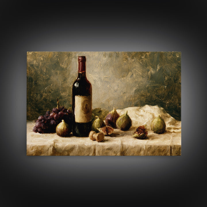 Wine Bottle and Figs on a Linen Framed Canvas Print, Dining Room Art, Kitchen Art, Dining Room Decor, Abstract Art, Dining, DRA-3x2-79