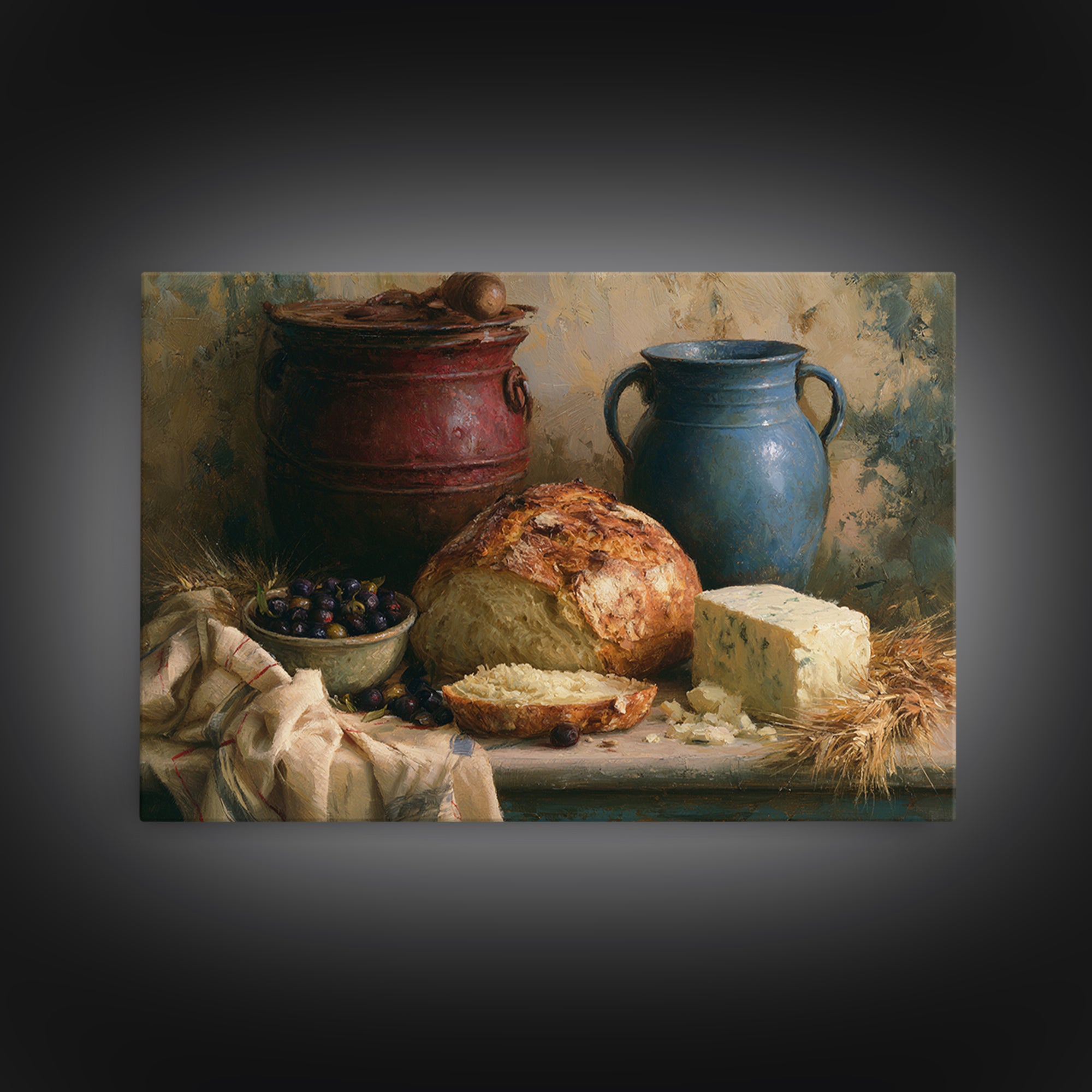 Rustic Bread Olives and Cheese Still Life Canvas Print, Dining Room Art, Watercolor Painting, Dining Room Decor, Dining, DRA-3x2-82