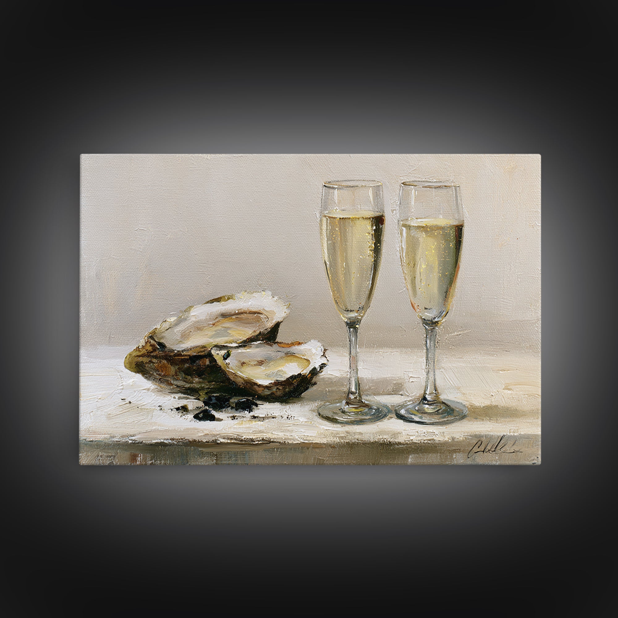 Elegant Oyster and Champagne Still Life Canvas Print, Dining Room Art, Neutral Decor, Dining Room Decor, Fine Art, Dining, DRA-3x2-83