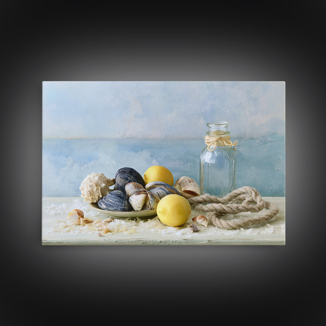 Shellfish and Lemon Still Life Framed Canvas Print, Dining Room Art, Trendy Wall Art, Dining Room Decor, Fine Art, Dining, DRA-3x2-92