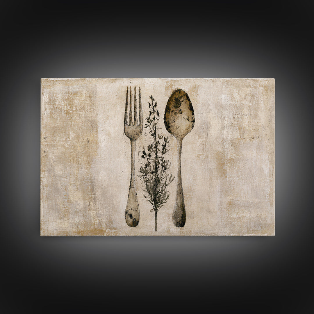 Minimal Fork Spoon and Herb Composition Canvas Print, Dining Room Art, Living Room Decor, Dining Room Decor, Fine Art, Dining, DRA-3x2-98