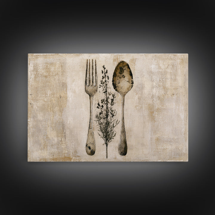 Minimal Fork Spoon and Herb Composition Canvas Print, Dining Room Art, Living Room Decor, Dining Room Decor, Fine Art, Dining, DRA-3x2-98