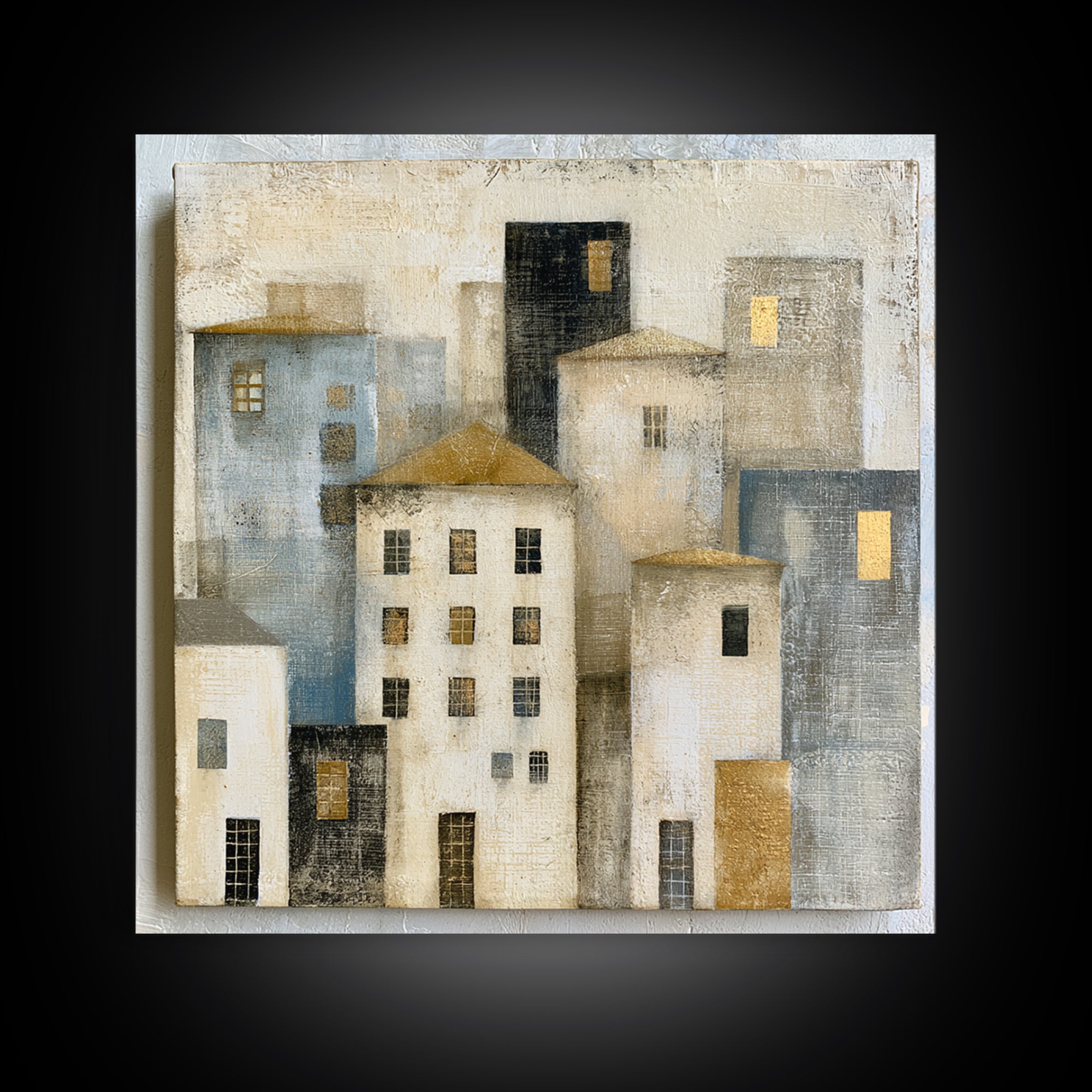 Naive Cityscape with Patterned Windows Framed Canvas Print, Eclectic Art, Art, Living Room Decor, Fine Art, Eclectic, ECL-1x1-12