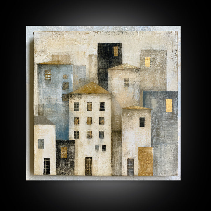 Naive Cityscape with Patterned Windows Framed Canvas Print, Eclectic Art, Art, Living Room Decor, Fine Art, Eclectic, ECL-1x1-12