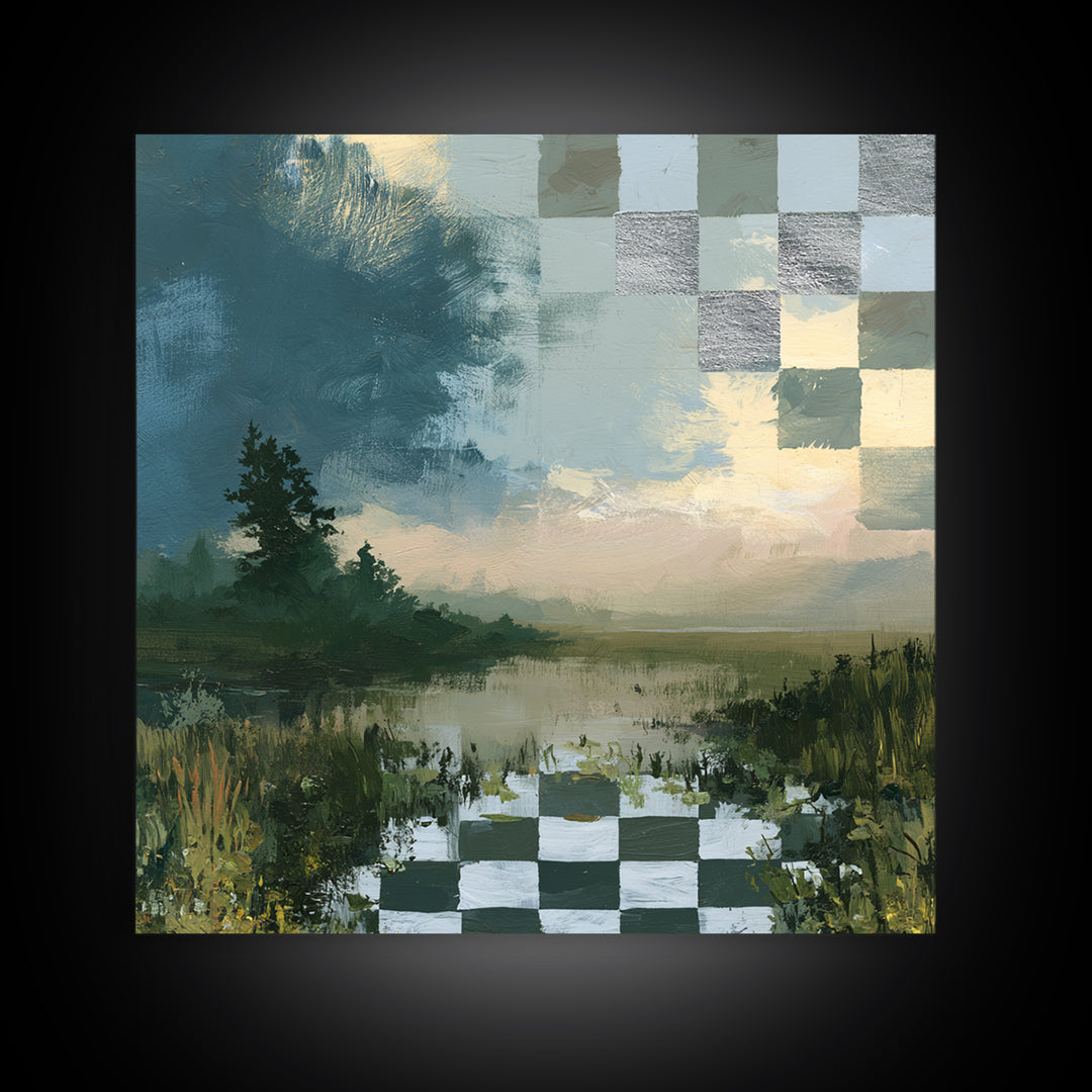 Playful Checkerboard Landscape Framed Canvas Print, Eclectic Art, Printable Wall Art, Living Room Decor, Fine Art, Eclectic, ECL-1x1-33
