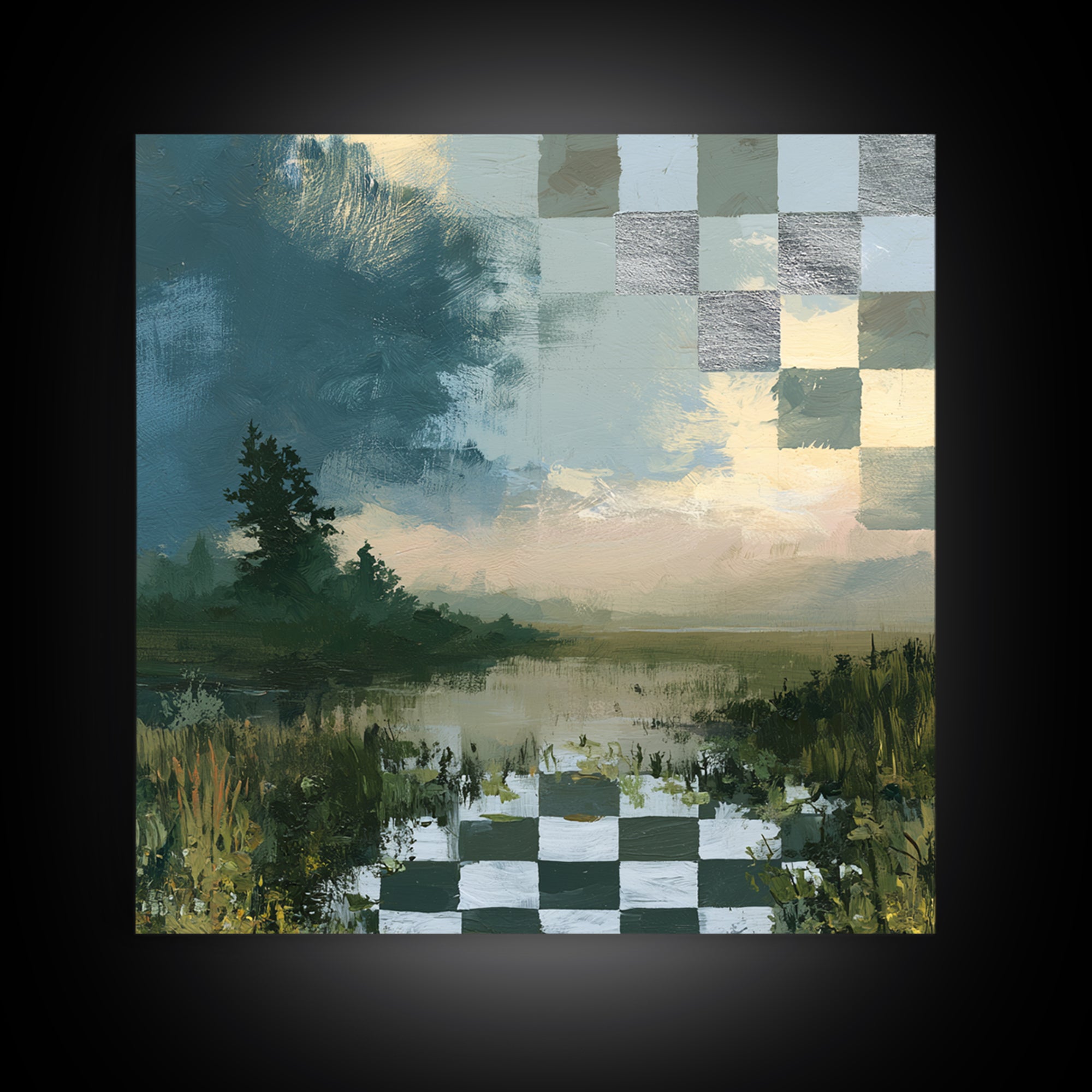 Playful Checkerboard Landscape Framed Canvas Print, Eclectic Art, Printable Wall Art, Living Room Decor, Fine Art, Eclectic, ECL-1x1-33