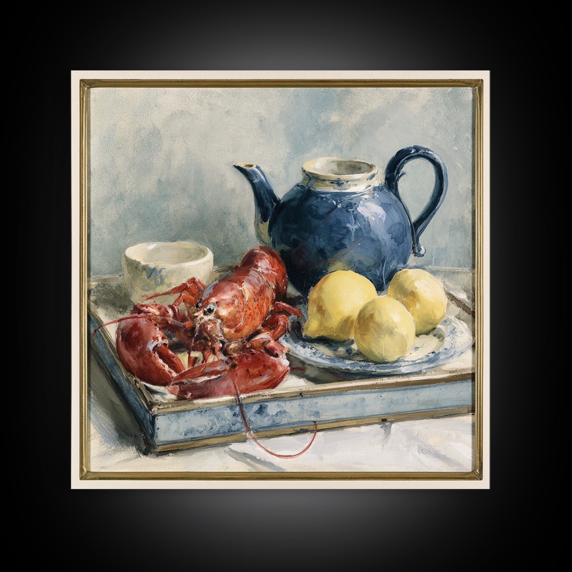 Unexpected Lobster and Lemons Still Life Framed Canvas Print, Eclectic Art, Fine Art Print, Living Room Decor, Abstract Art, ECL-1x1-42