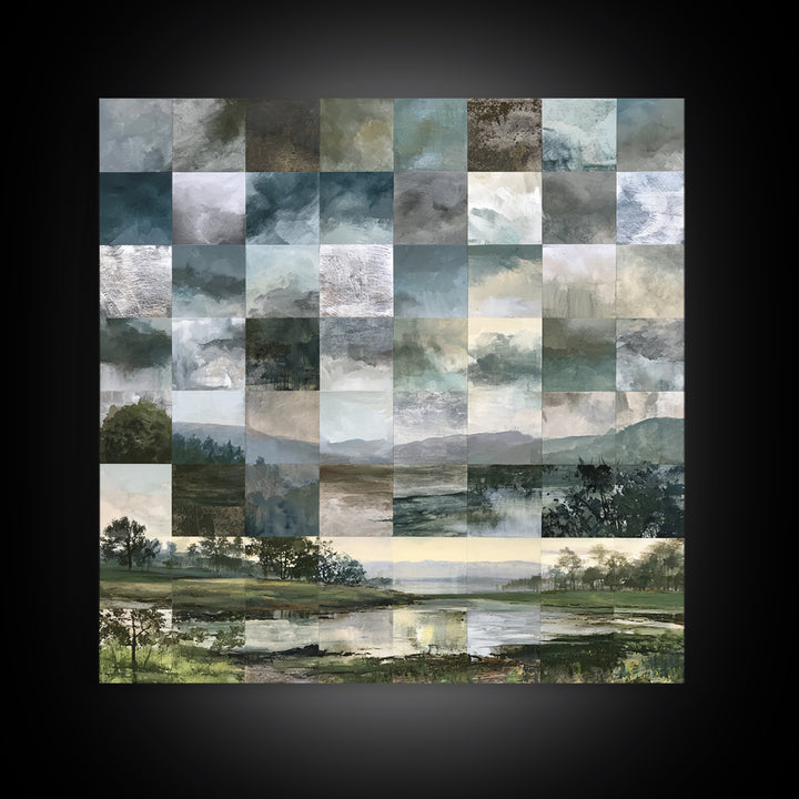 Bohemian Patchwork Landscape Framed Canvas Print, Eclectic Art, Room Decor, Living Room Decor, Oil Painting, Eclectic, ECL-1x1-48