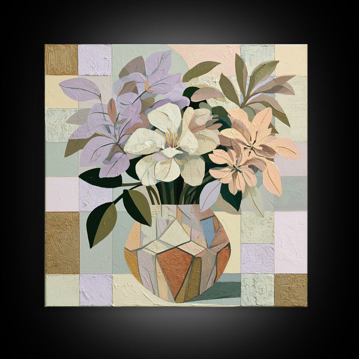 Retro Futurist Vase of Flowers Framed Canvas Print, Eclectic Art, Textured Painting, Living Room Decor, Fine Art, Eclectic, ECL-1x1-58