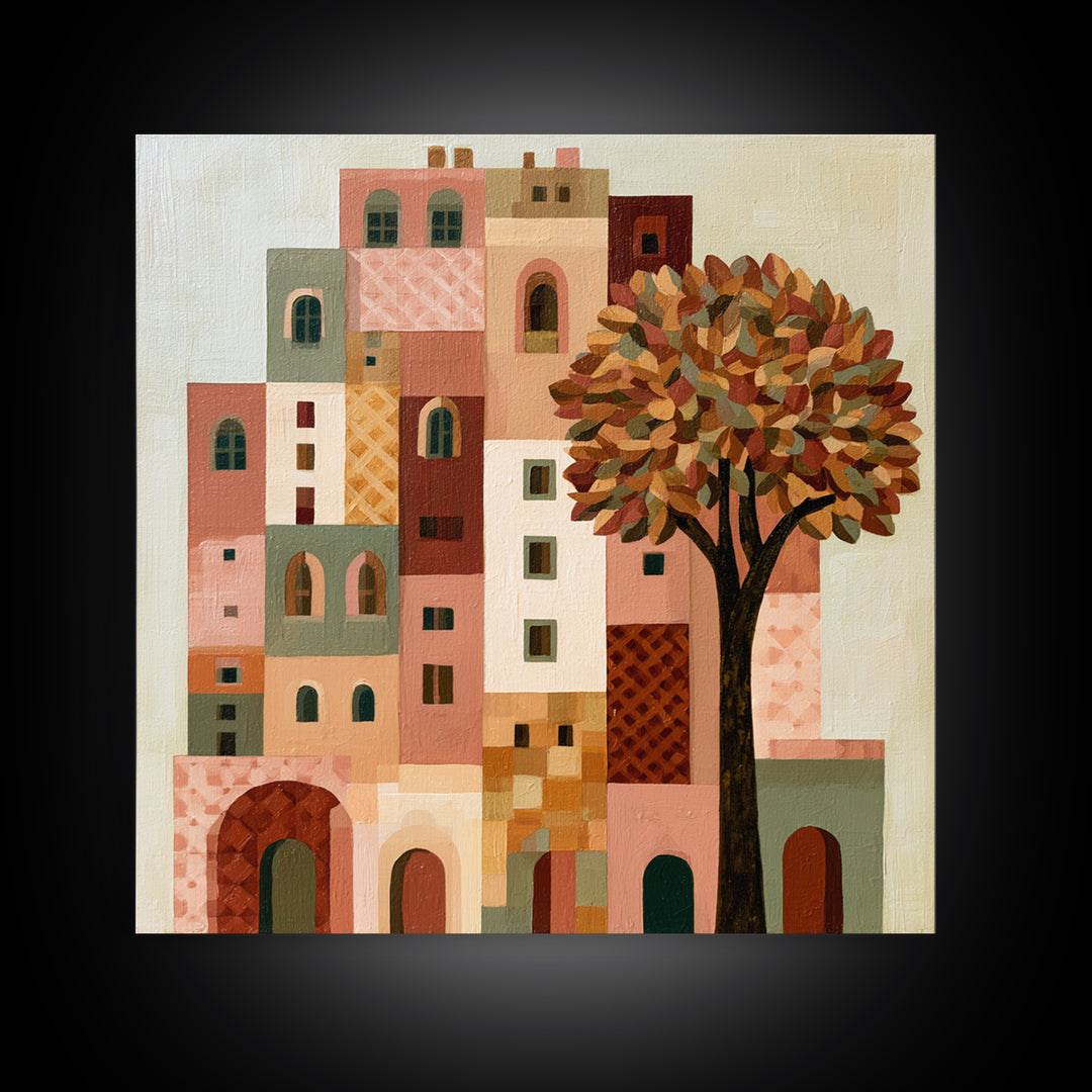 Naive Cityscape with Patterned Windows Canvas Print, Eclectic Art, Portrait, Living Room Decor, Eclectic, Modern Decor, ECL-1x1-60