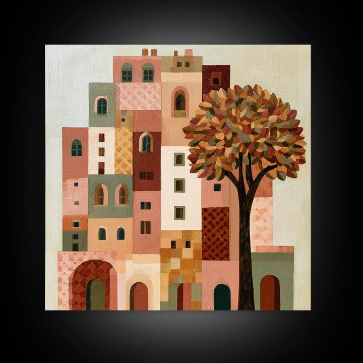Naive Cityscape with Patterned Windows Canvas Print, Eclectic Art, Portrait, Living Room Decor, Eclectic, Modern Decor, ECL-1x1-60