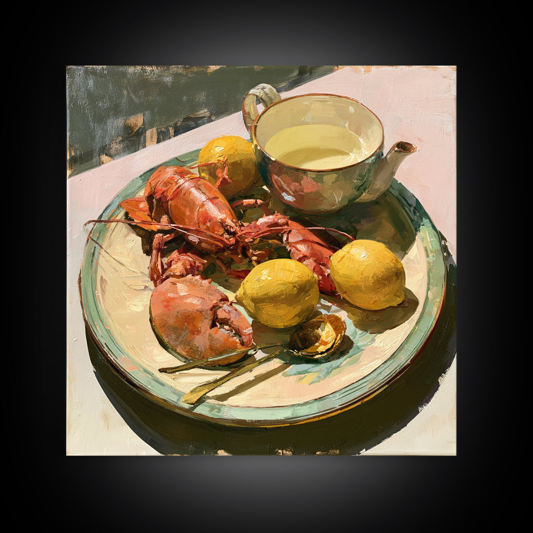Unexpected Lobster and Lemons Still Life Framed Canvas Print, Eclectic Art, Fine Art Print, Living Room Decor, Abstract Art, ECL-1x1-66