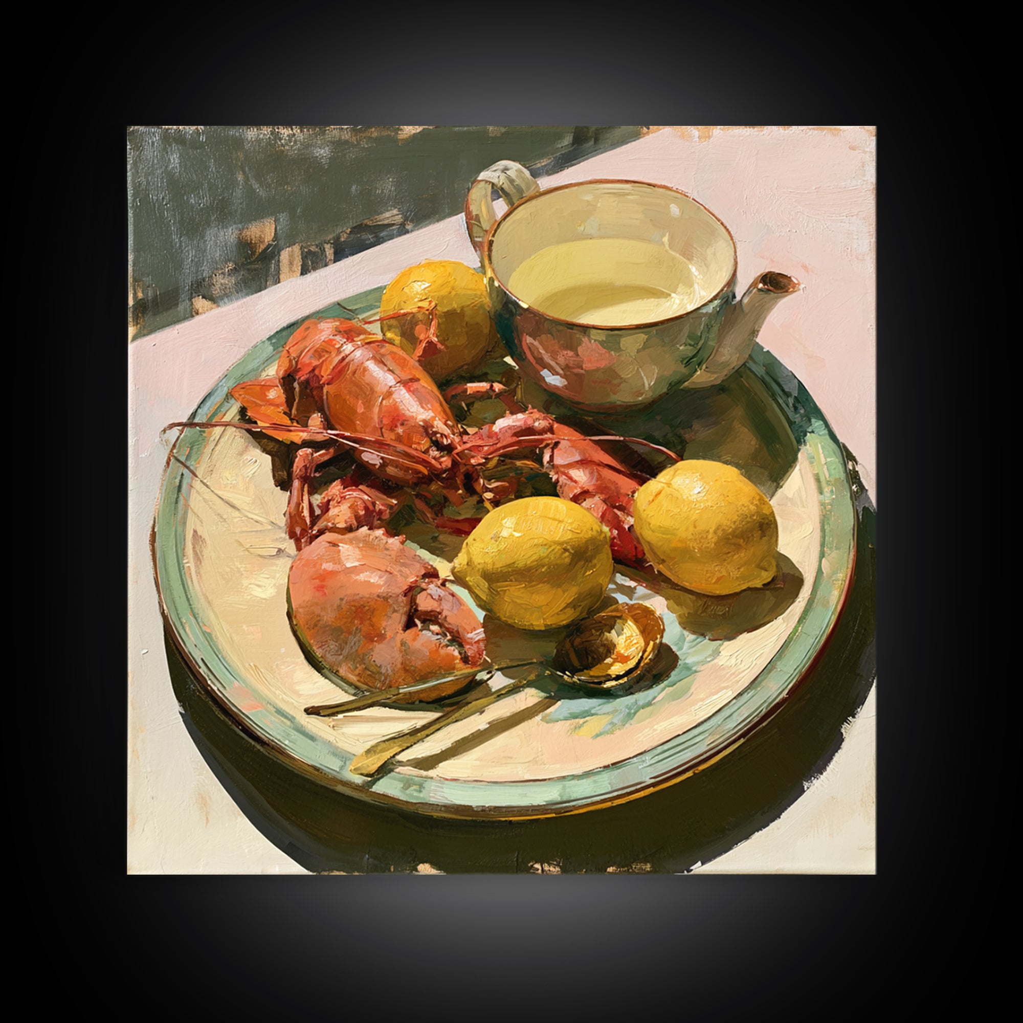 Unexpected Lobster and Lemons Still Life Framed Canvas Print, Eclectic Art, Fine Art Print, Living Room Decor, Abstract Art, ECL-1x1-66