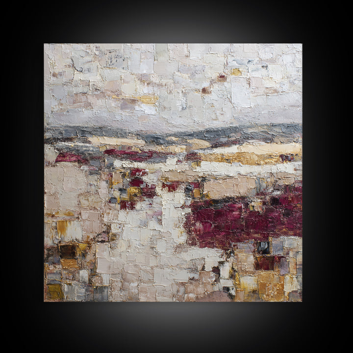 Naive Cityscape with Patterned Windows Framed Canvas Print, Eclectic Art, Boho Wall Art, Living Room Decor, Abstract Art, ECL-1x1-84