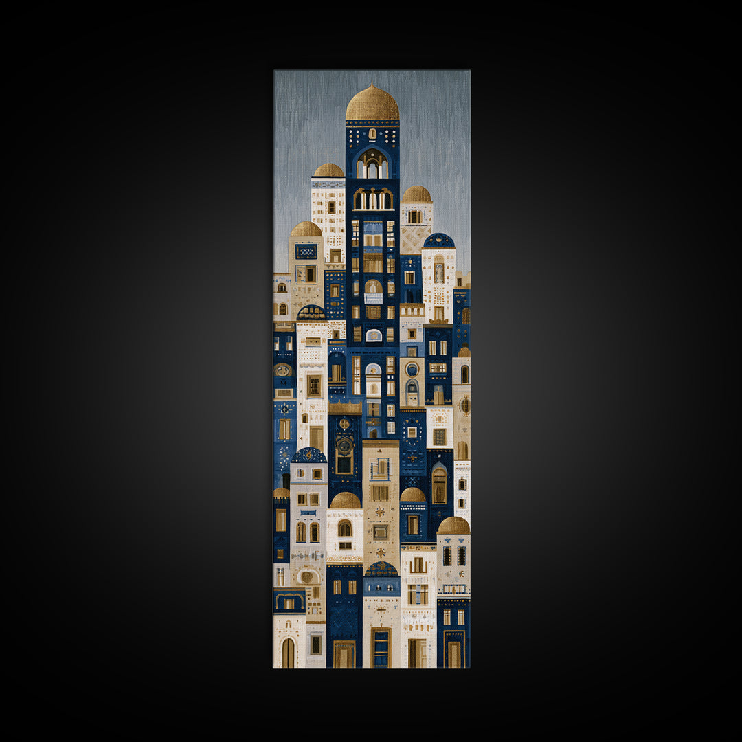 Naive Cityscape with Patterned Windows Framed Canvas Print, Eclectic Art, Portrait, Living Room Decor, Fine Art, Eclectic, ECL-1x3-24