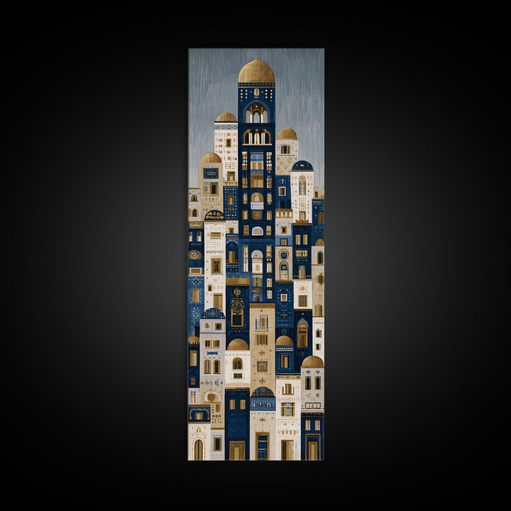 Naive Cityscape with Patterned Windows Framed Canvas Print, Eclectic Art, Portrait, Living Room Decor, Fine Art, Eclectic, ECL-1x3-24