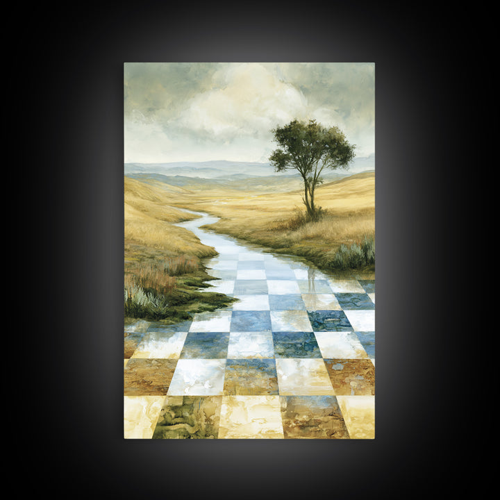 Playful Checkerboard Landscape Framed Canvas Print, Eclectic Art, Dopamine Decor, Living Room Decor, Fine Art, Eclectic, ECL-2x3-17