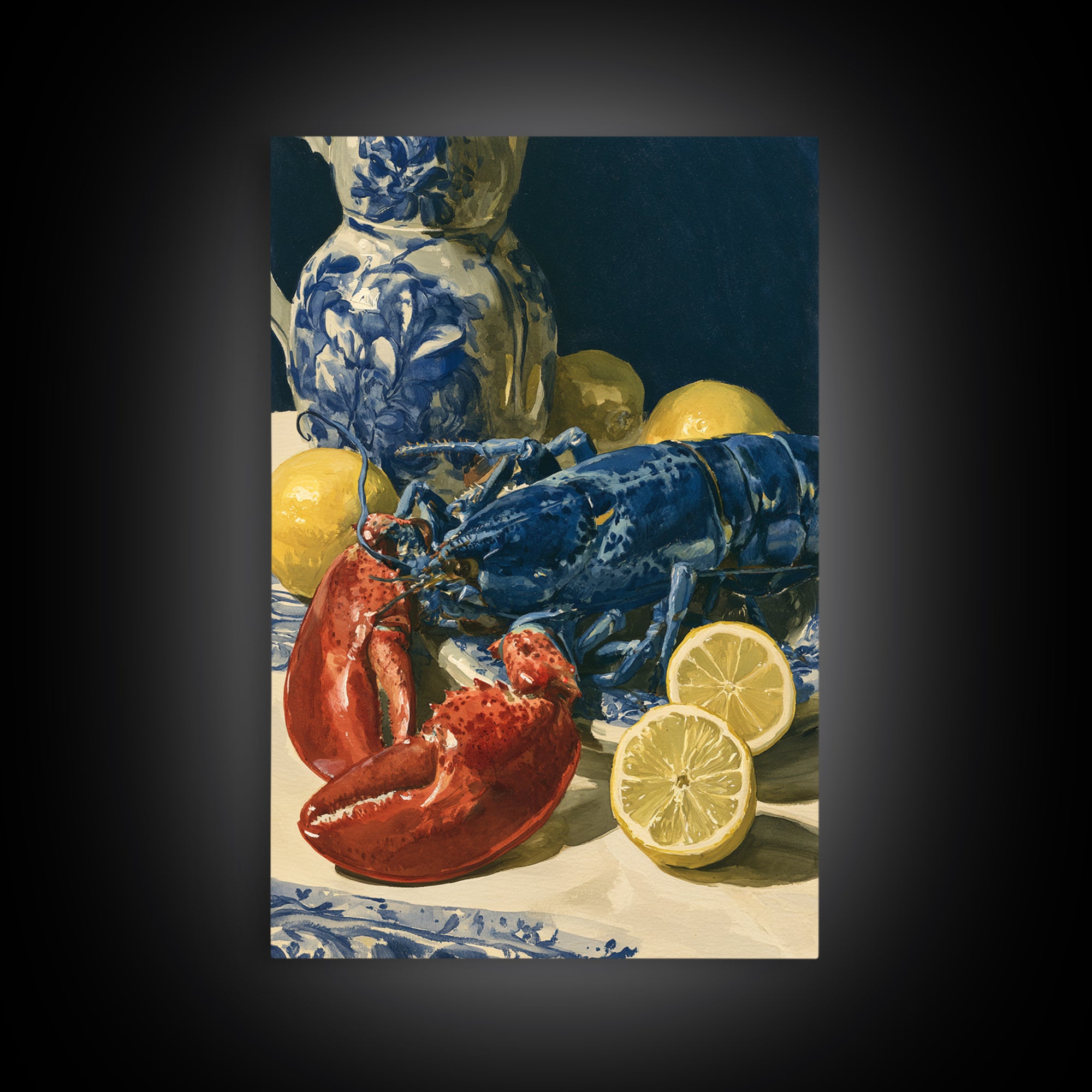 Unexpected Lobster and Lemons Still Life Framed Canvas Print, Eclectic Art, Digital Art, Living Room Decor, Abstract Art, ECL-2x3-2