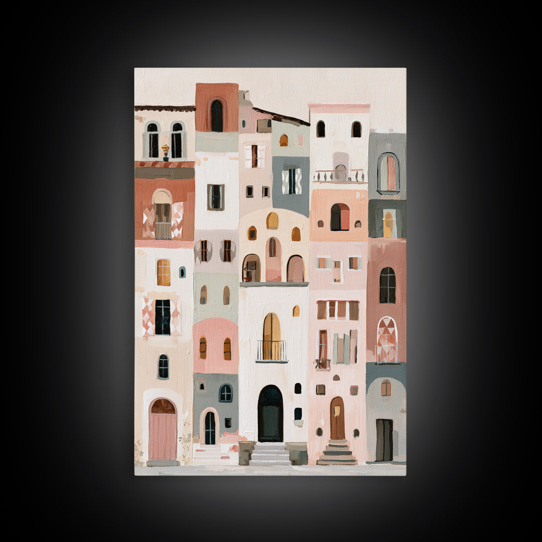 Naive Cityscape with Patterned Windows Framed Canvas Print, Eclectic Art, Neutral Decor, Living Room Decor, Oil Painting, ECL-2x3-20