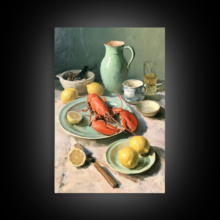 Unexpected Lobster and Lemons Still Life Framed Canvas Print, Eclectic Art, Digital Art, Living Room Decor, Abstract Art, ECL-2x3-26