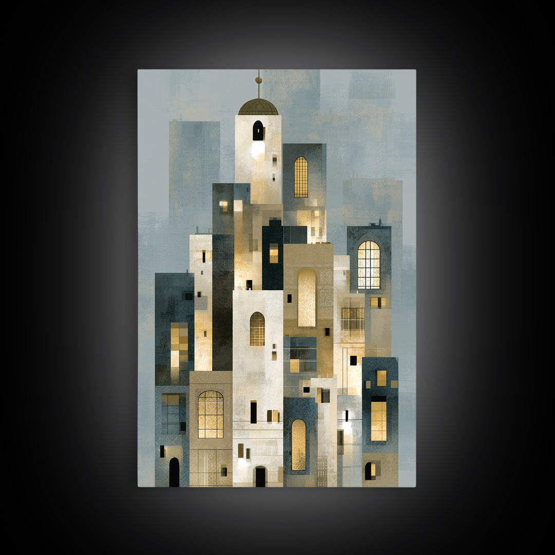 Naive Cityscape with Patterned Windows Framed Canvas Print, Eclectic Art, Living Room Decor, Watercolor Art, Eclectic, ECL-2x3-44