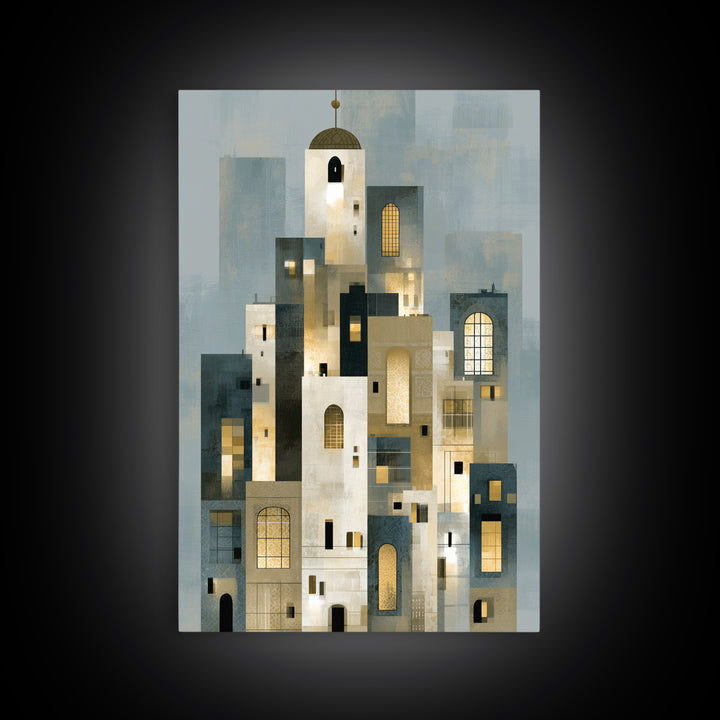 Naive Cityscape with Patterned Windows Framed Canvas Print, Eclectic Art, Living Room Decor, Watercolor Art, Eclectic, ECL-2x3-44