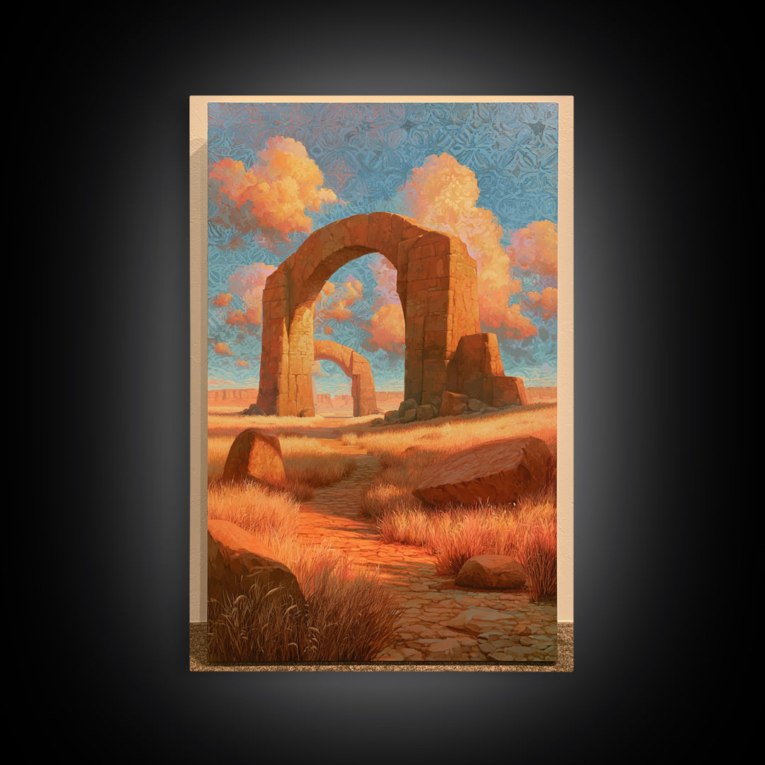 Surreal Desert with Floating Arches Framed Canvas Print, Eclectic Art, Printable, Living Room Decor, Oil Painting, Eclectic, ECL-2x3-6