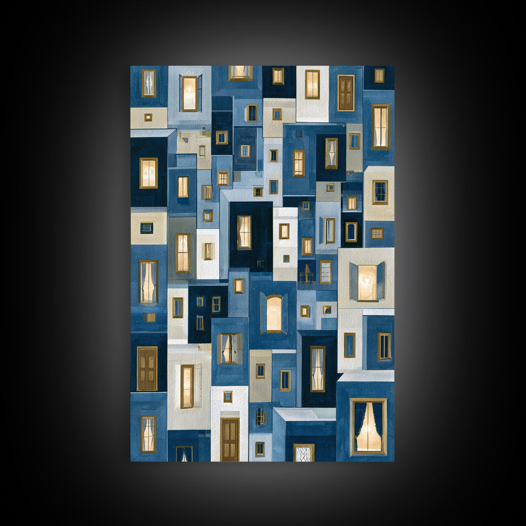 Naive Cityscape with Patterned Windows Framed Canvas Print, Eclectic Art, Luxury Decor, Living Room Decor, Fine Art, Eclectic, ECL-2x3-68