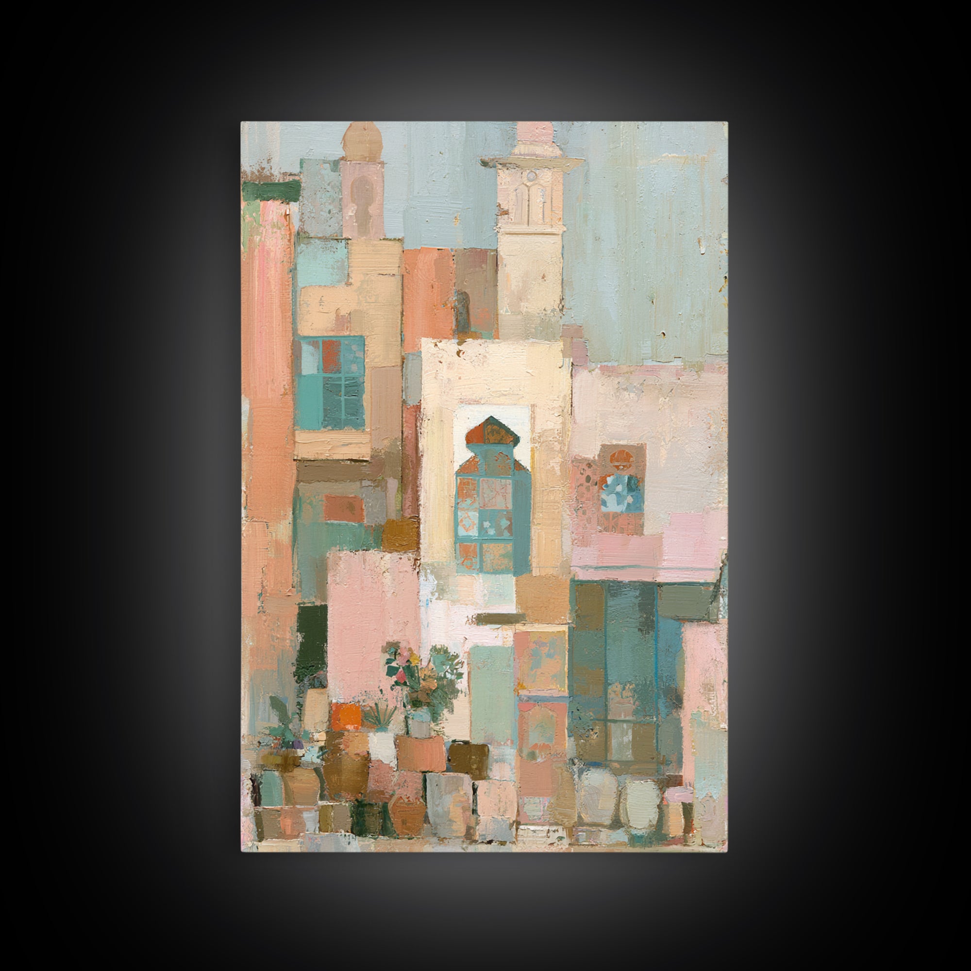 Naive Cityscape with Patterned Windows Framed Canvas Print, Eclectic Art, Original Art, Living Room Decor, Abstract Art, ECL-2x3-92