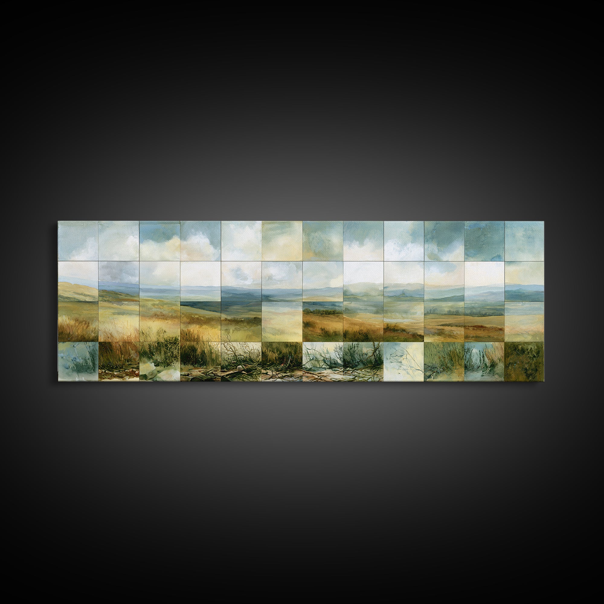Playful Checkerboard Landscape Framed Canvas Print, Eclectic Art, Fine Art Print, Living Room Decor, Watercolor Art, Eclectic, ECL-3x1-1