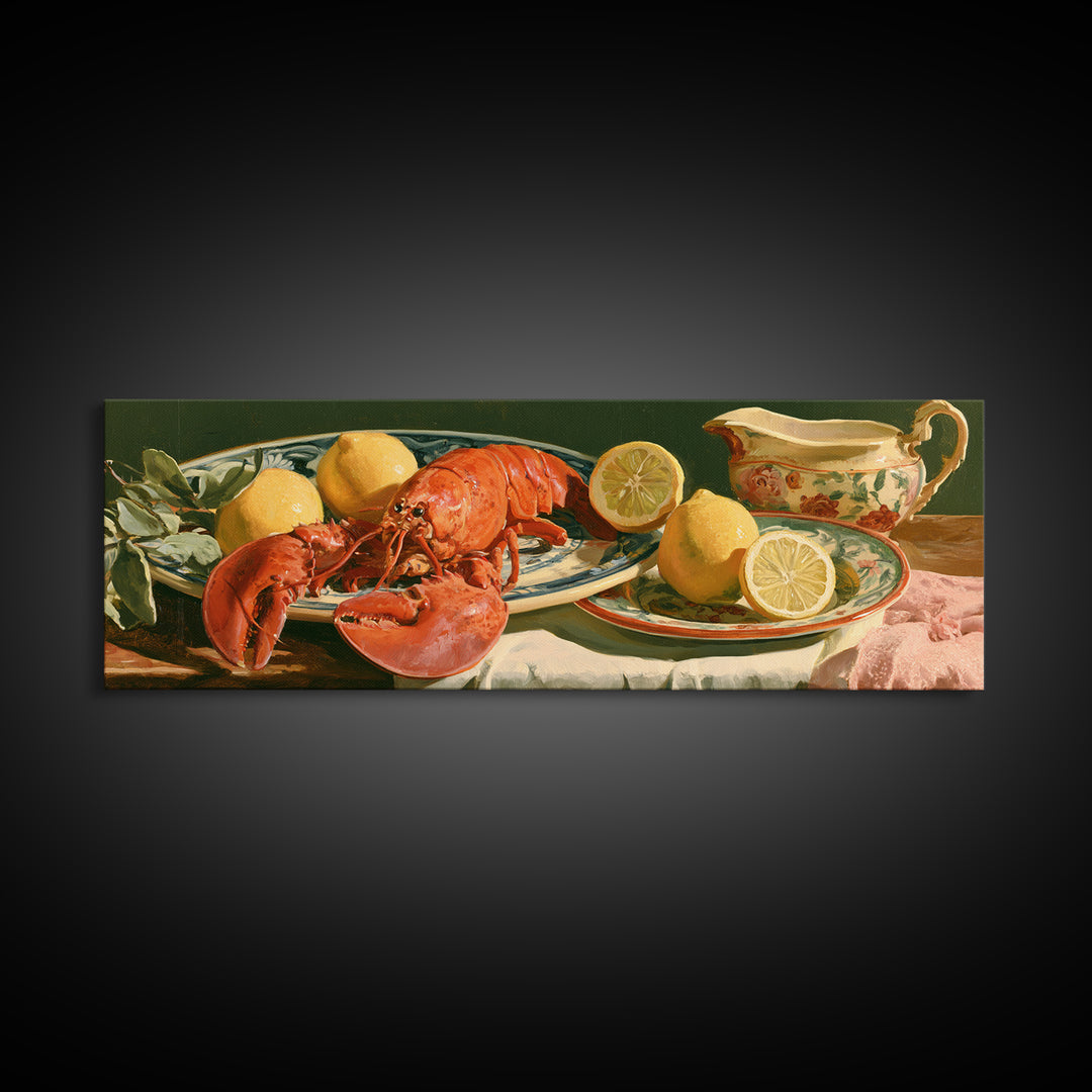 Unexpected Lobster and Lemons Still Life Framed Canvas Print, Eclectic Art, Large Wall Art, Living Room Decor, Eclectic, ECL-3x1-10